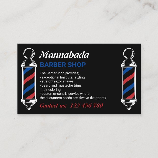 Black Barber Pole Salon Branding Design Business Card (Front)