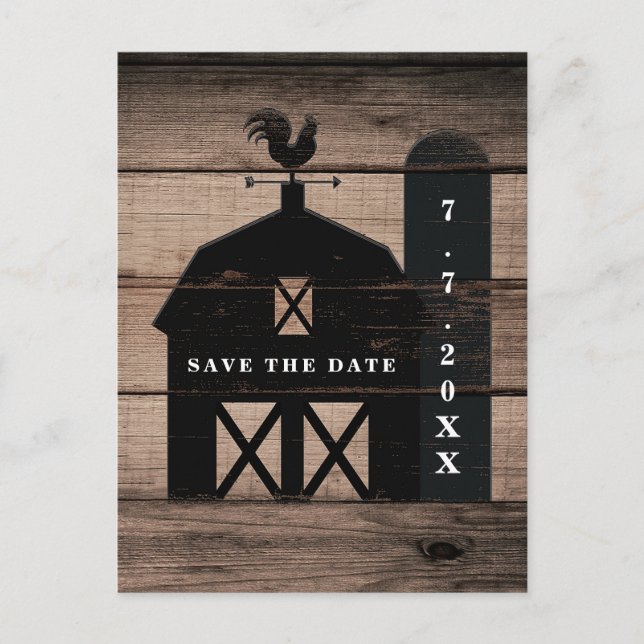 Black Barn Brown Wood Rustic Wedding Save The Date Announcement Postcard (Front)