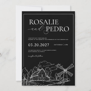 Black Barn Farm Line Art Rustic Elegant Wedding Invitation
