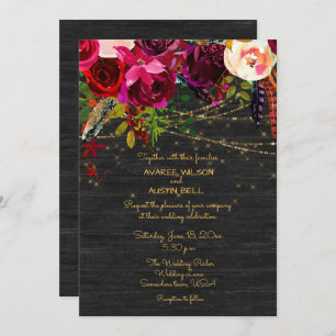 Black Barnboard Burgundy Boho Flowers Invitation