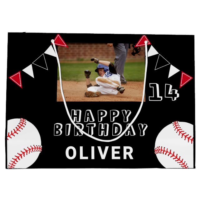 Black Baseball Ball Bunting Flags Photo Birthday Large Gift Bag (Back)