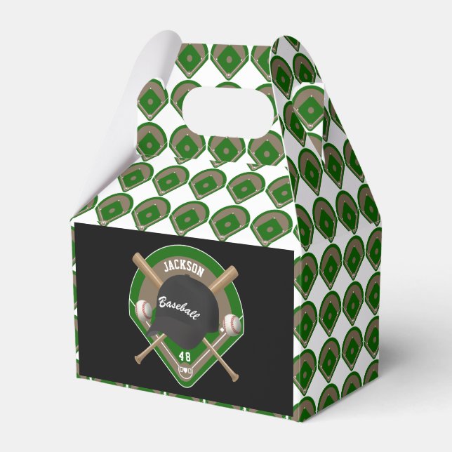 Black Baseball Diamond Player Name and Number Favor Box (Front Side)