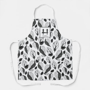 Black Basil Herb Leaf Pattern Botanical Monogram Apron