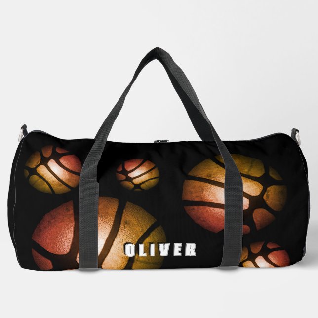 Black Basketball Ball Metallic Pattern Sports Name Duffle Bag (Front)