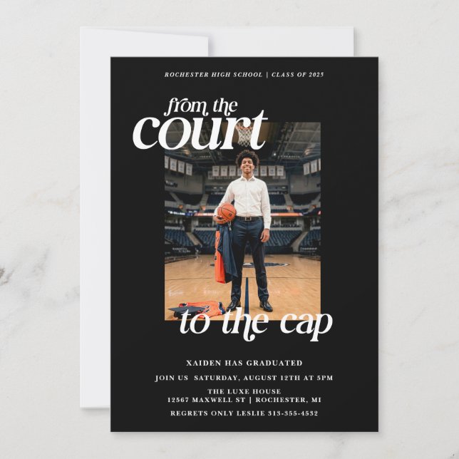 Black Basketball Graduation Court to the Cap Invitation (Front)