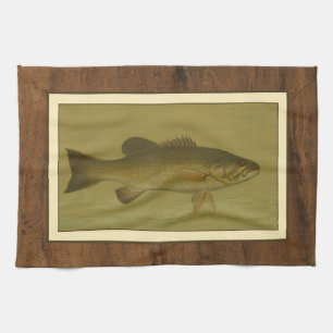 Black Bass on a Green Background Kitchen Towel