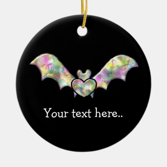Black Bat and Heart Personalized Halloween Bat Ceramic Ornament (Front)