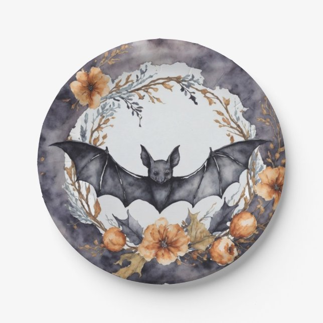 Black Bat and Wreath Party Plates (Front)