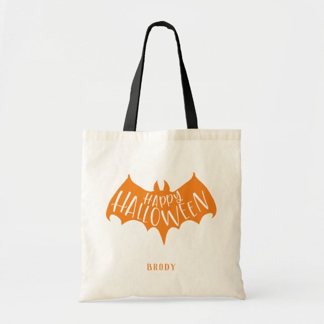 Black Bat Happy Halloween Tote Bag (Front)