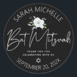 Black Bat Mitzvah Silver Script Floral Watercolor Classic Round Sticker<br><div class="desc">Be proud, rejoice and celebrate this milestone of your favourite Bat Mitzvah whenever you use this sophisticated, personalized sticker! A chic, stunning, white and faux silver glitter floral watercolor, faux silver foil handwritten script and Star of David, as well as white sans serif typography overlay a dramatic black background. Personalize...</div>