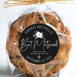 Black Bat Mitzvah Silver Script Floral Watercolor Classic Round Sticker<br><div class="desc">Be proud, rejoice and celebrate this milestone of your favourite Bat Mitzvah whenever you use this sophisticated, personalized sticker! A chic, stunning, white and faux silver glitter floral watercolor, faux silver foil handwritten script and Star of David, as well as white sans serif typography overlay a dramatic black background. Personalize...</div>