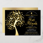 Black Bat Mitzvah Tree of Life Script Real Gold<br><div class="desc">Be proud, rejoice and showcase this milestone of your favourite Bat Mitzvah! This graphic real gold foil tree of life with sparkly Star of David and dot “leaves” and real gold foil calligraphy script on a rich, sophisticated, black background, is the perfect invitation for this special occasion. A faux gold...</div>