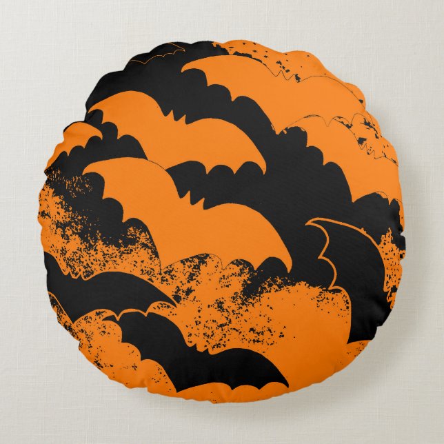 Black Bats In Flight Orange Round Pillow (Front)