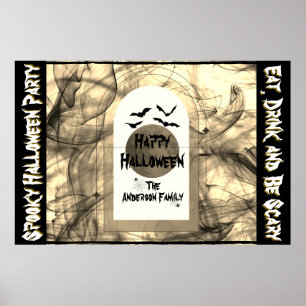 Black Bats Spider Web Full Moon Happy Halloween Poster