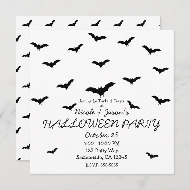 Black Bats & White Cute Halloween Party Invitation (Front/Back)