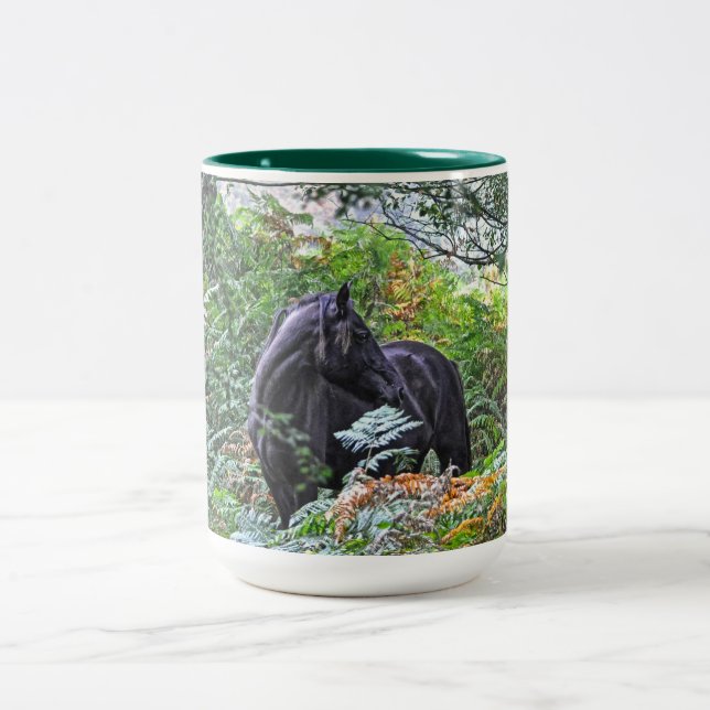 Black & Bay New Forest Ponies, Hampshire, England Two-Tone Coffee Mug (Center)