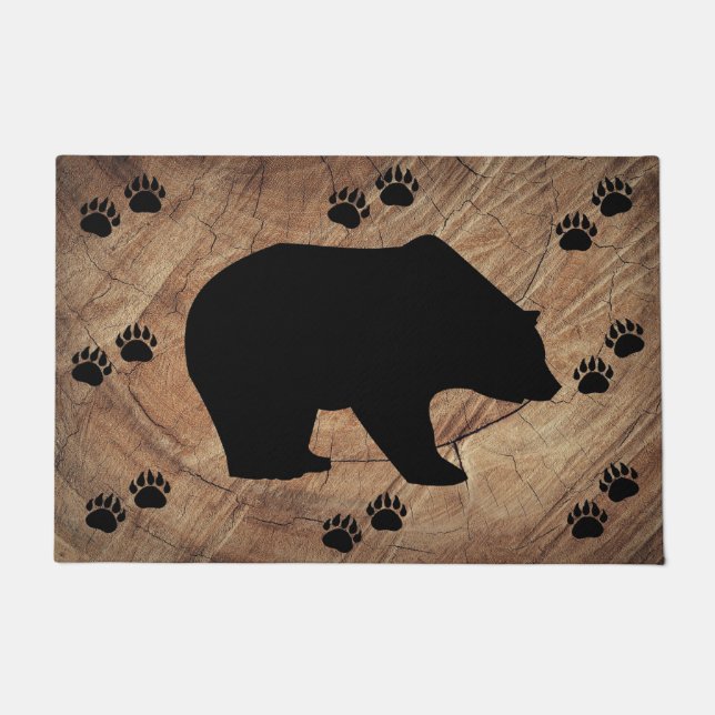 Black Bear And Bear Paws Doormat (Front)