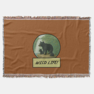Black Bear And Cubs Saddle Brown Throw Blanket