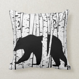 Black Bear and Deer Birch Forest Throw Pillow