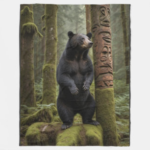 Black Bear and Totem Pole Wildlife Art Fleece Blanket