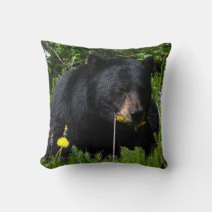 Black Bear Animal Forest Water Flowers Dandelion Throw Pillow