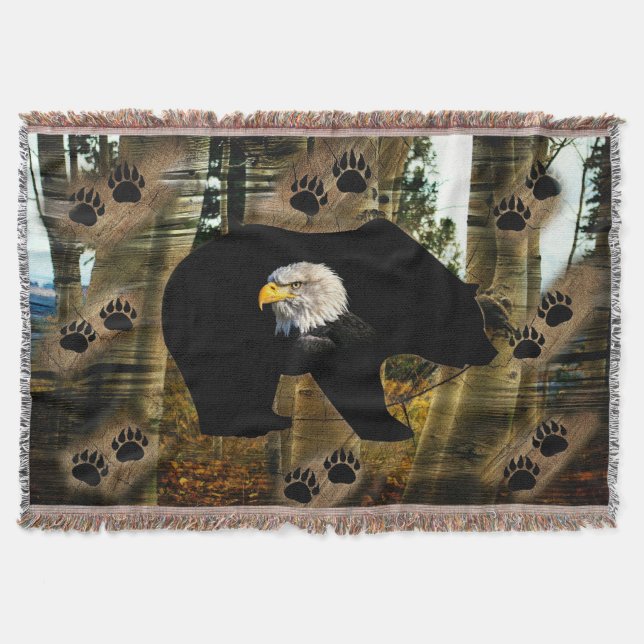 Black Bear Bald Eagle Bear Paw Prints Wilderness Throw Blanket (Front)
