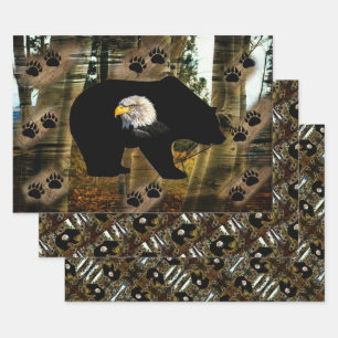 Black Bear Bald Eagle Bear Paw Prints Wilderness Wrapping Paper Sheet