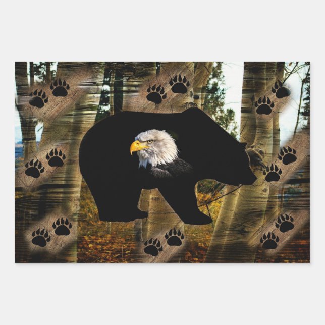 Black Bear Bald Eagle Wilderness Wrapping Paper Sheet (Front)