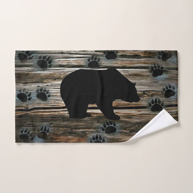 Black Bear Black Bear Paws Rustic Wood Hand Towel (Hand Towel)