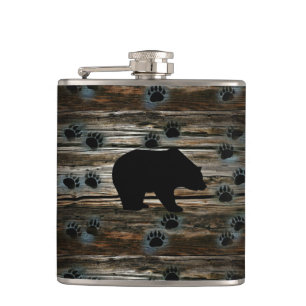 Black Bear Black Bear Paws Rustic Wood Hip Flask