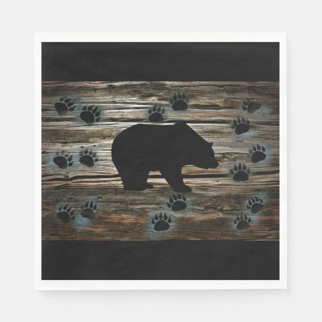 Black Bear Black Bear Paws Rustic Wood Napkin (Front)