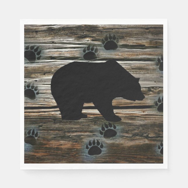 Black Bear Black Bear Paws Rustic Wood Napkin (Front)