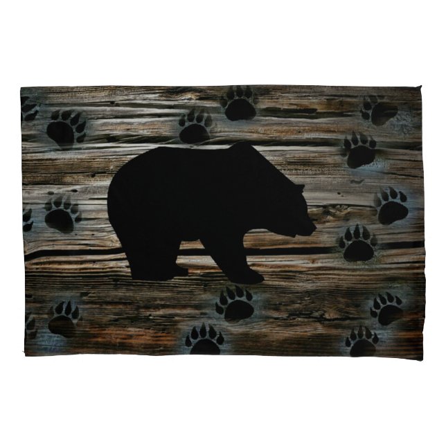 Black Bear Black Bear Paws Rustic Wood Pillowcase (Front)
