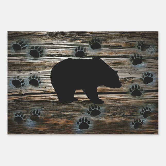 Black Bear Black Bear Paws Rustic Wood Wrapping Paper Sheet (Front)