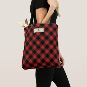 Black Bear Buffalo Plaid Personalized Tote Bag