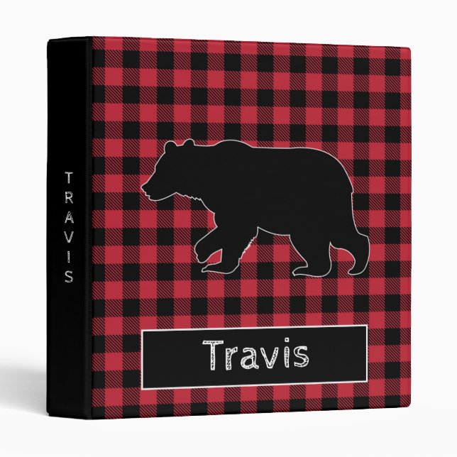 Black Bear Buffalo Plaid Rustic Chequered Pattern Binder (Front/Spine)