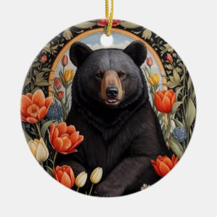 Black Bear Colorful Tulip Flowers Ceramic Ornament