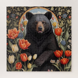 Black Bear Colorful Tulip Flowers Jigsaw Puzzle
