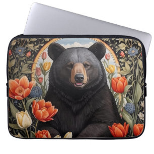 Black Bear Colorful Tulip Flowers Laptop Sleeve