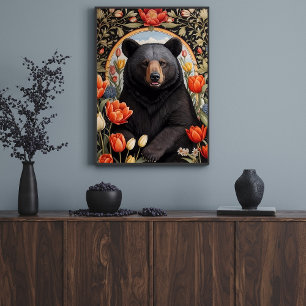 Black Bear Colorful Tulip Flowers Poster