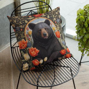 Black Bear Colorful Tulip Flowers Throw Pillow