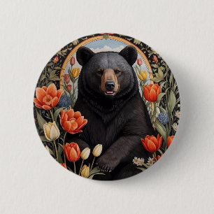 Black Bear Colourful Tulip Flowers 2 Inch Round Button