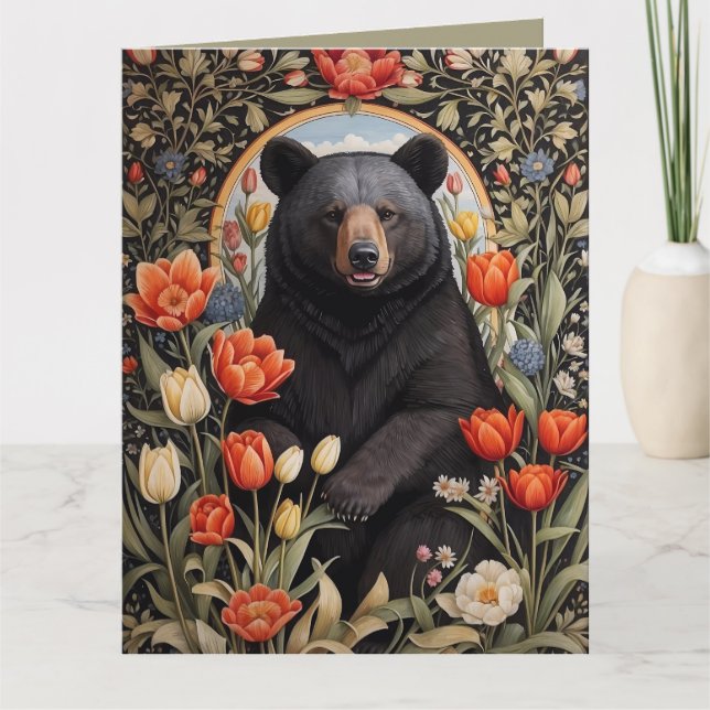 Black Bear Colourful Tulip Flowers Card (Front)