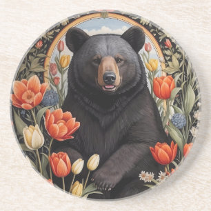 Black Bear Colourful Tulip Flowers Coaster