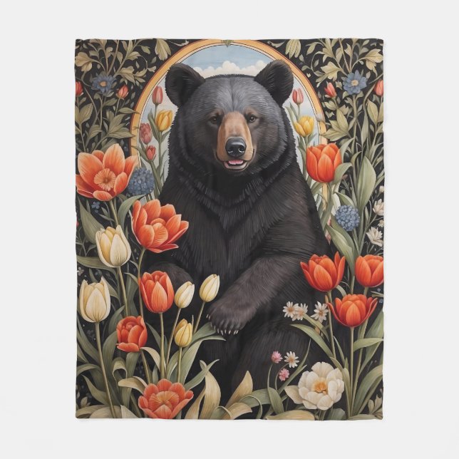 Black Bear Colourful Tulip Flowers Fleece Blanket (Front)