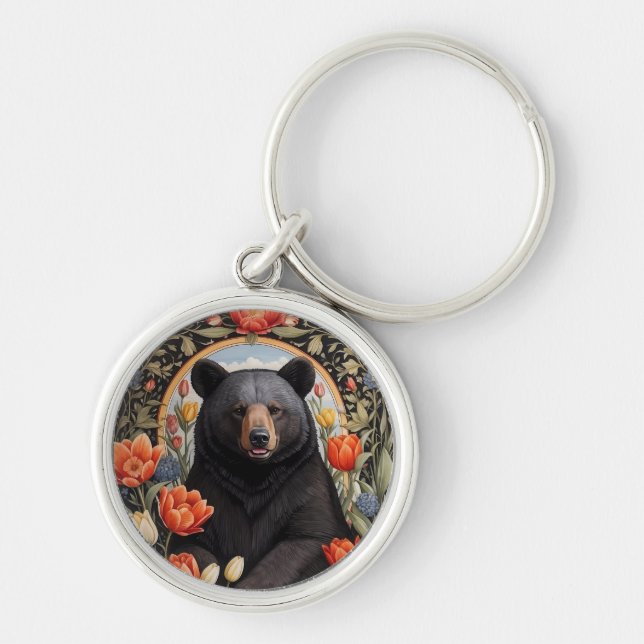 Black Bear Colourful Tulip Flowers Keychain (Front)