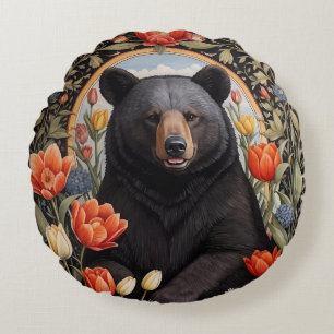 Black Bear Colourful Tulip Flowers Round Pillow