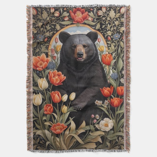 Black Bear Colourful Tulip Flowers Throw Blanket (Front Vertical)