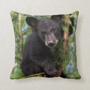 Black Bear Cub Playing in Trees Throw Pillow