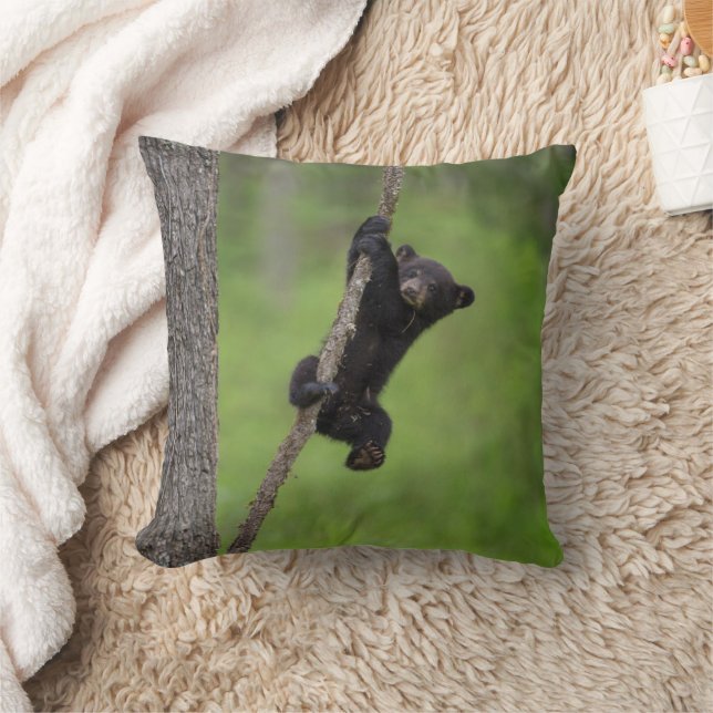 Black Bear Cub playing on Tree Limb Throw Pillow (Blanket)